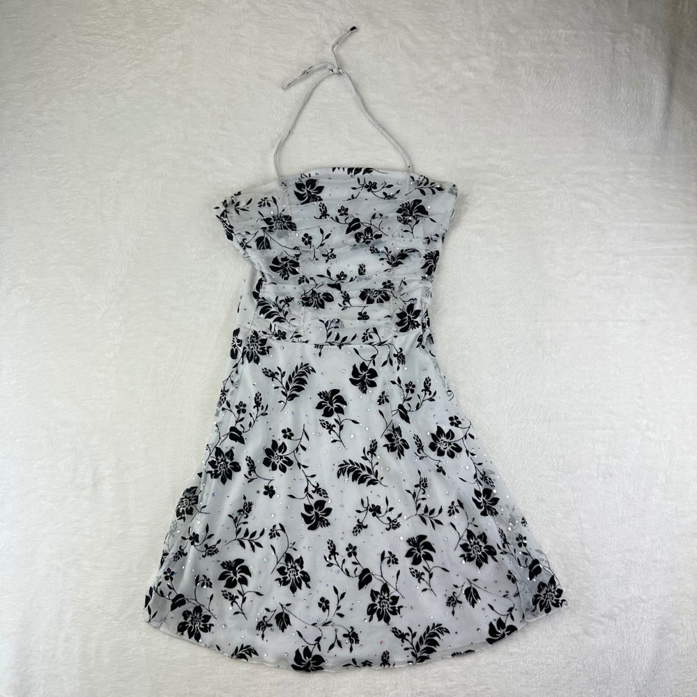 VTG Taboo Halter Dress Fit & Flare S White Floral Mini Rhinestone Mesh Hawaiian